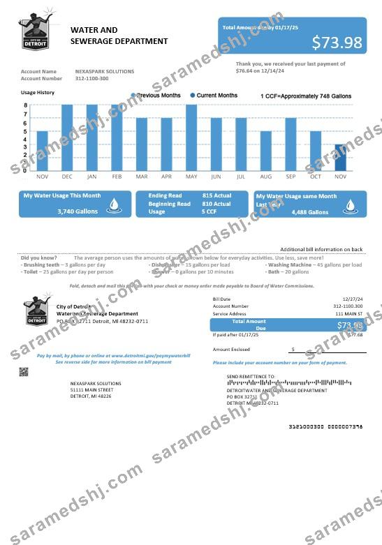 USA Ohio City of Detroit water business utility bill template in Word and PDF formats